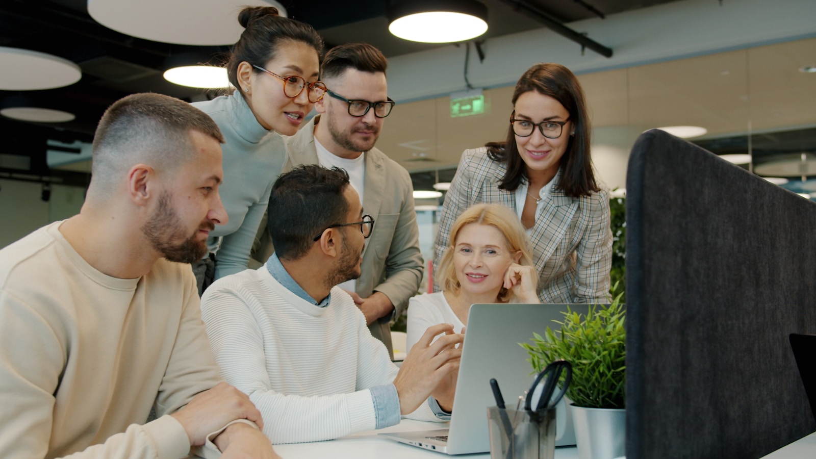 A diverse professional team collaborating in a modern office